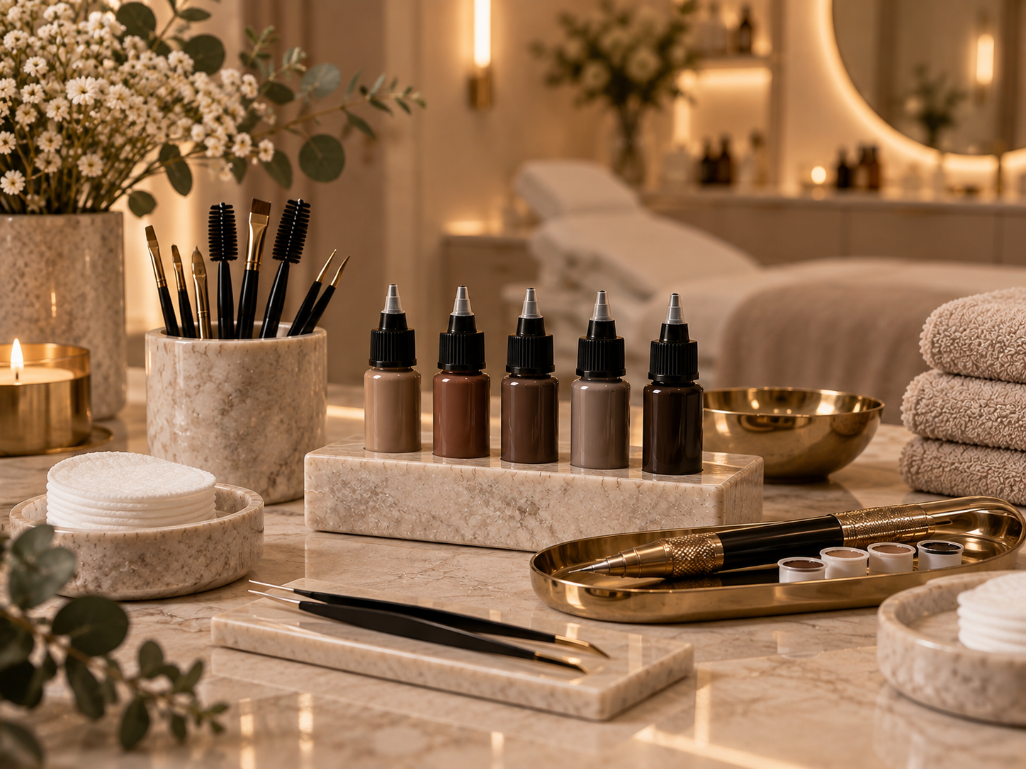 Permanent makeup tools arranged in a polished studio setting